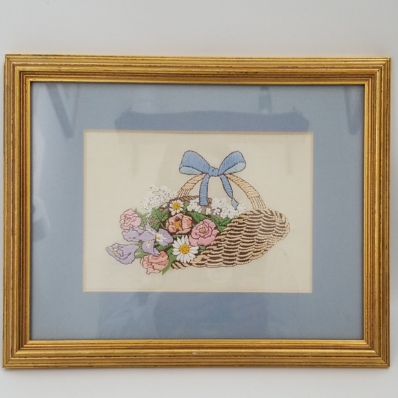 Basket Of Wildflowers Hand Made Framed Needlework - Picture 8 of 8